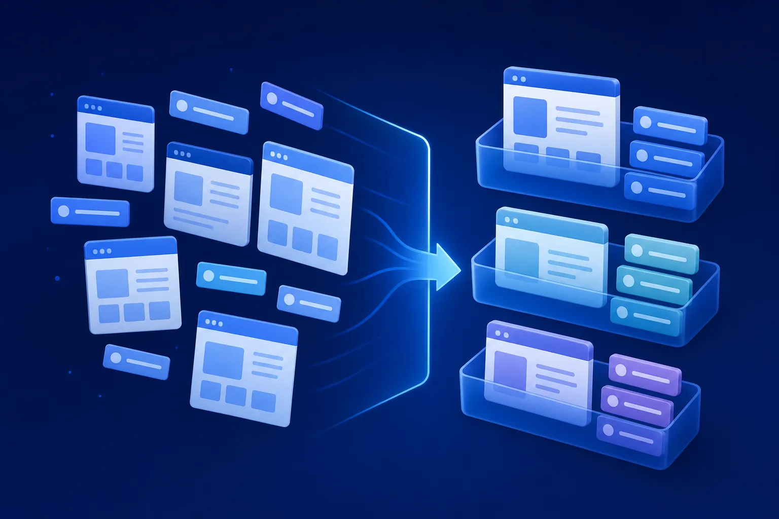중복 콘텐츠 정리를 표현한 네이비·블루 B2B SaaS 개념 일러스트