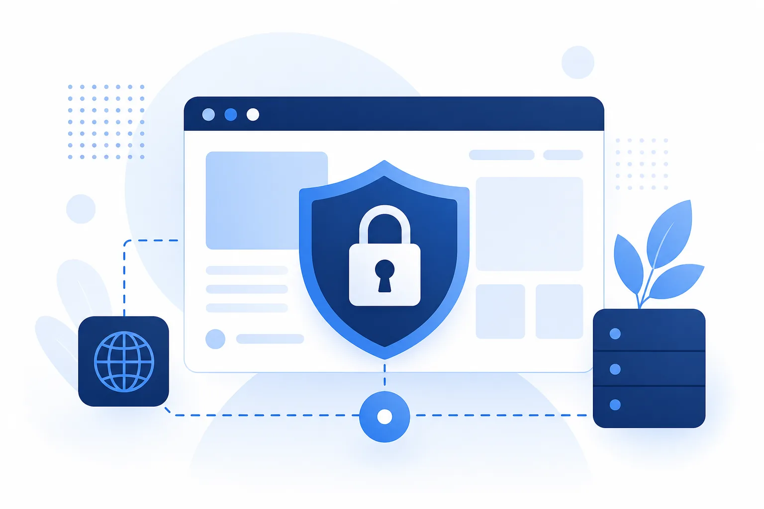 HTTPS와 검색 신뢰성을 상징하는 네이비·블루 B2B SaaS 일러스트