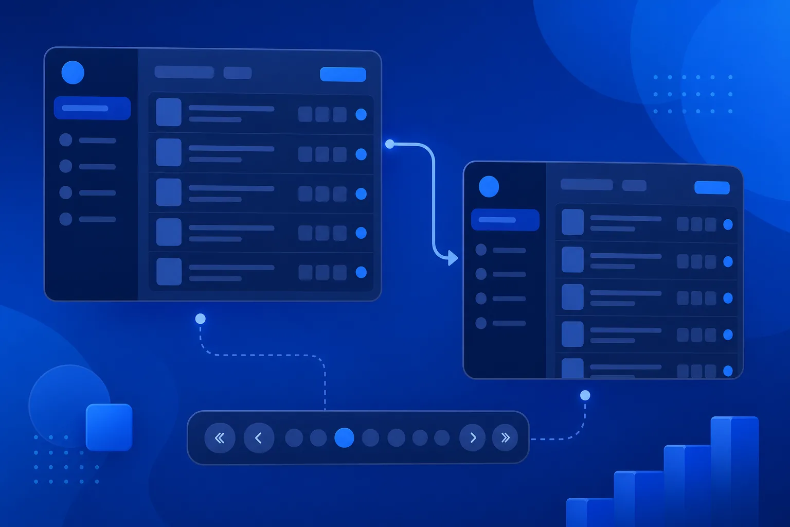 페이지네이션과 목록 페이지 구조를 나타낸 네이비·블루 B2B SaaS 일러스트
