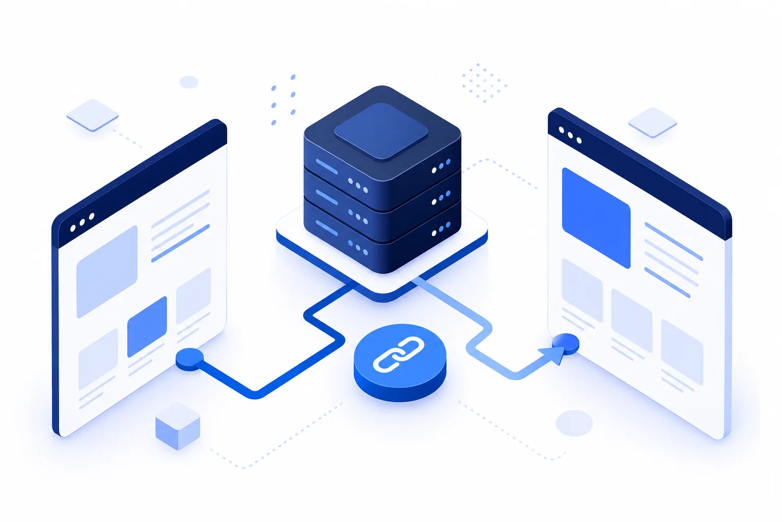 URL 변경과 리디렉션 흐름을 보여주는 B2B SaaS 개념 일러스트