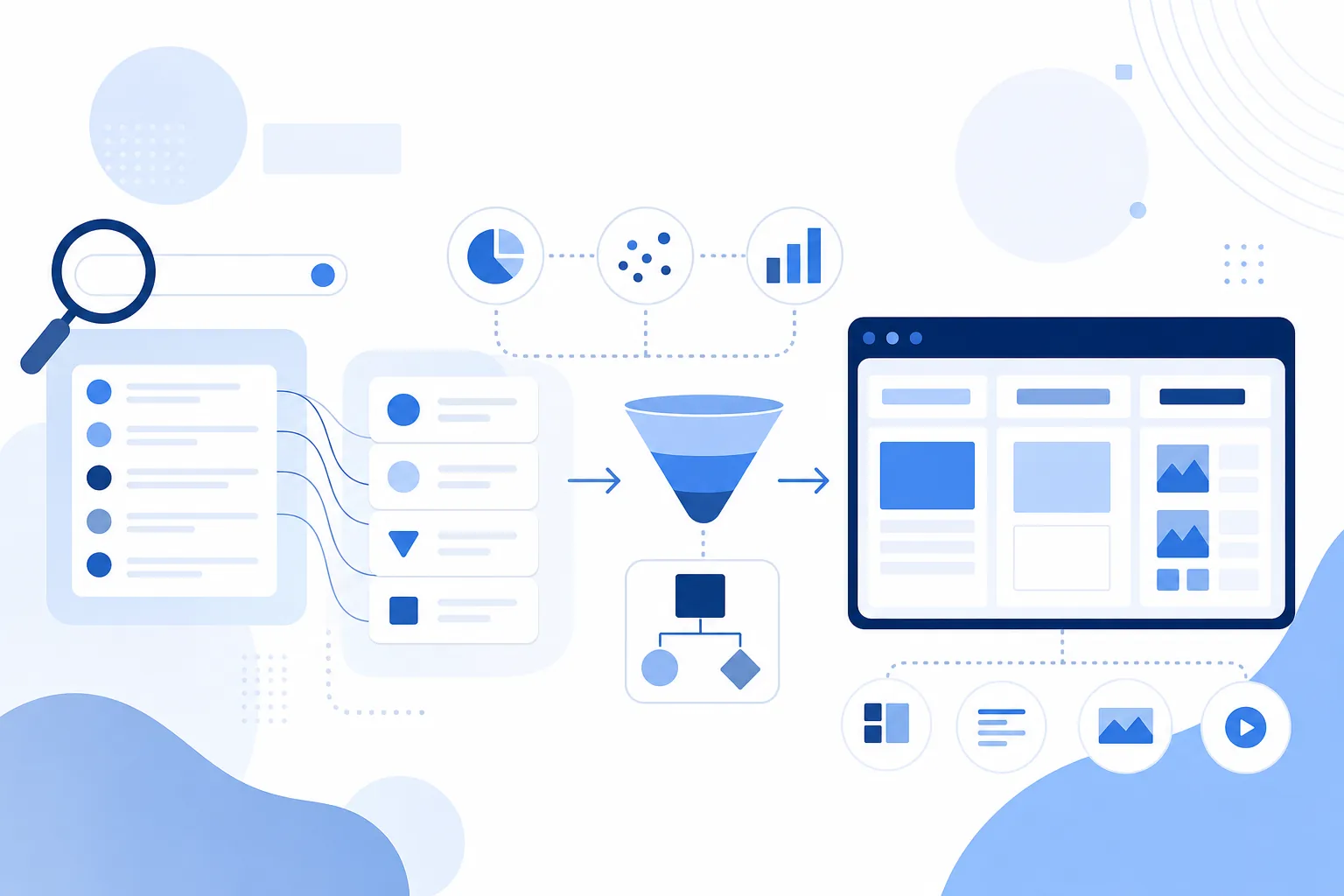 검색 의도 기반 SEO 기획을 나타내는 네이비·블루 SaaS 일러스트