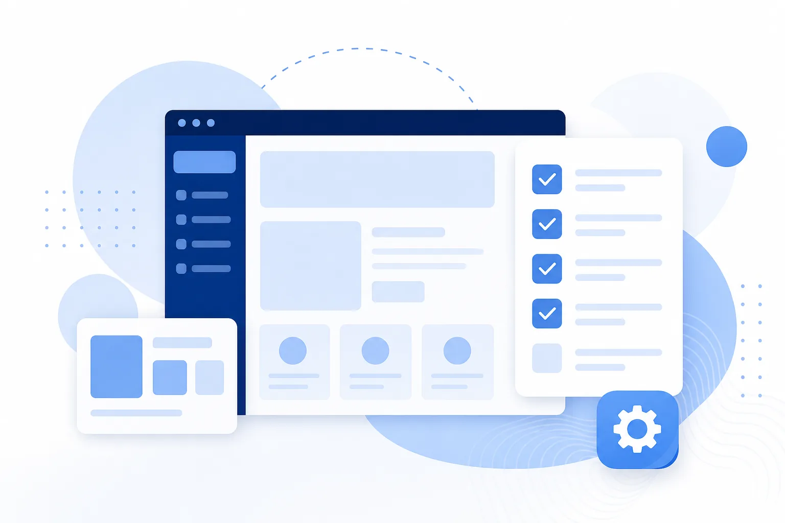웹문서 발행 설정을 상징하는 네이비·블루 B2B SaaS 일러스트